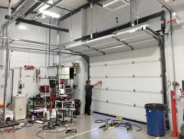 Bonita Springs Garage Door Repair certified technician performing commercial door repair at a Bonita Springs business facility