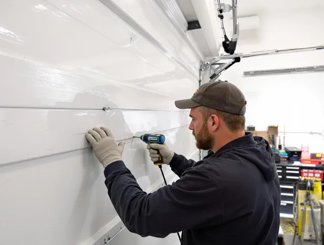 Bonita Springs Garage Door Repair technician demonstrating precision dent removal techniques on a Bonita Springs garage door