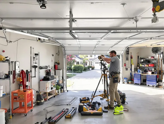 Bonita Springs Garage Door Repair specialist performing laser-guided track alignment in Bonita Springs